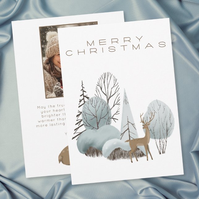 Vinter Skogsmark Vacker Julen Foto (Winter Woodland Deer Merry Christmas Photo Holiday Card)