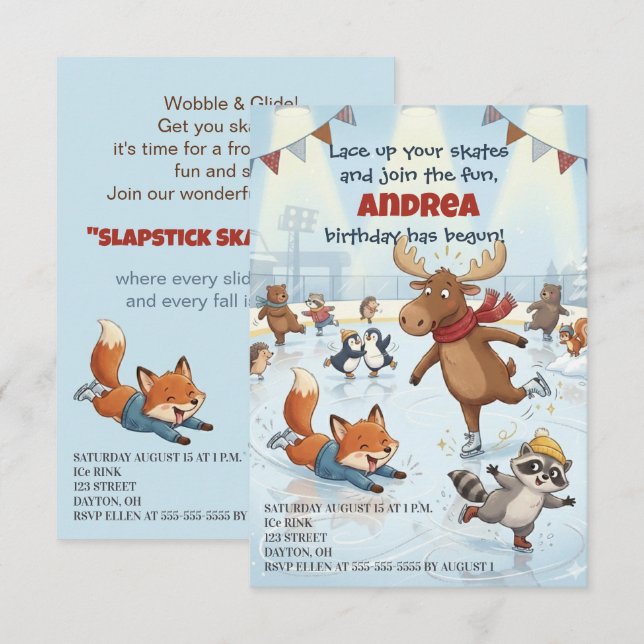 Vinter Slapstick Isdans Födelsedagsinbjudan Inbjudningar (Fram/baksida)