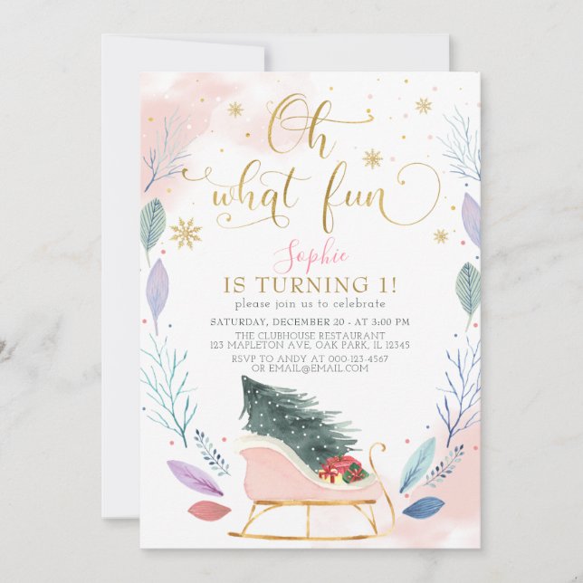 Vinter Sleigh Oh What Roligt jul 1st Birthday Inbjudningar (Framsida)