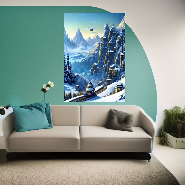 Vinter, snö, bergsby | AI Art Poster (Skapare uppladdad)