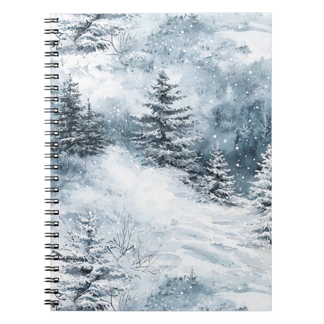 Vinter Snö Blå Vit Jul Granar Anteckningsbok (Framsidan)