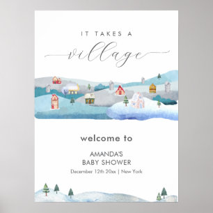 Vinter snö Det krävs en by Baby Shower Välkommen Poster