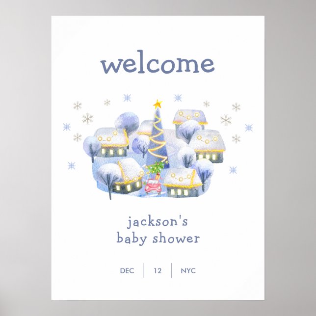 Vinter snö Det tar en by Baby Shower Välkommen Poster (Framsidan)