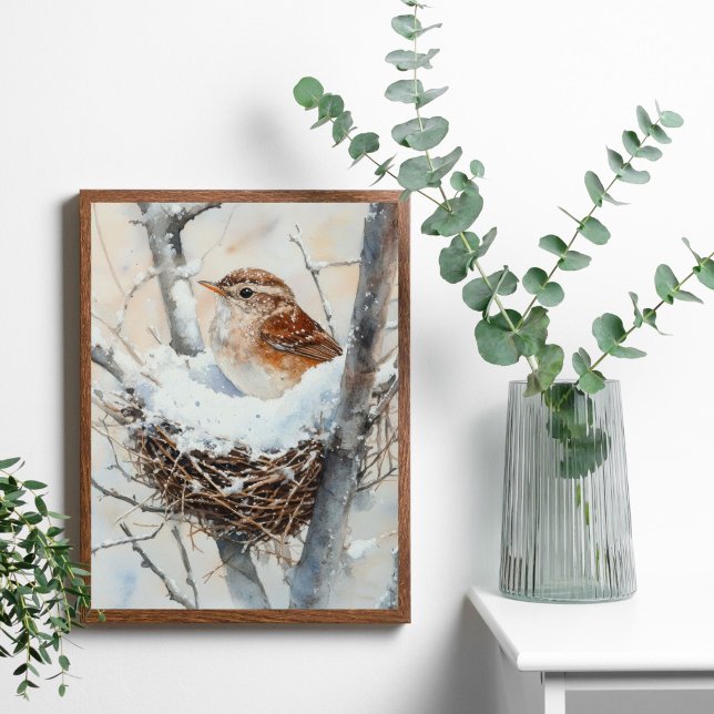 Vinter Snö Fågel i Bo Träd Natur Akvarell Poster (Winter Bird, Wren Bird in Snowy Nest in Tree. Watercolor Wall Art poster print or digital)