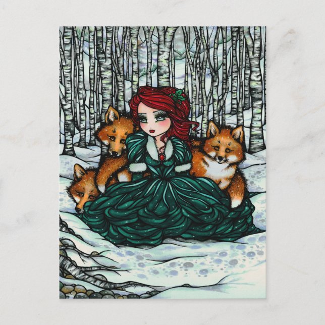 Vinter Snö Foxes Forest Girl Fantasy Art Postcard Vykort (Framsida)