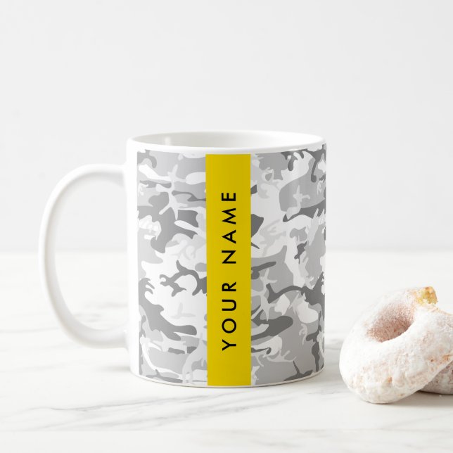 Vinter Snö Grå Kamouflage Ditt namn Anpassa Kaffemugg (Med munk)