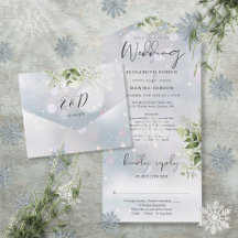 Vinter Snö Grönska Blommiga Detaljer RSVP Bröllop