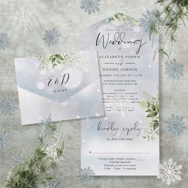 Vinter Snö Grönska Blommiga Detaljer RSVP Bröllop (Winter Snow Greenery Floral Details RSVP Wedding All In One Invitation)