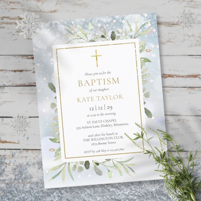 Vinter Snö Grönska Dop Inbjudan Vykort (Winter Snow Greenery Baptism Invitation)
