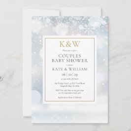Vinter Snö Guld Monogram Par Babyfirande Inbjudningar