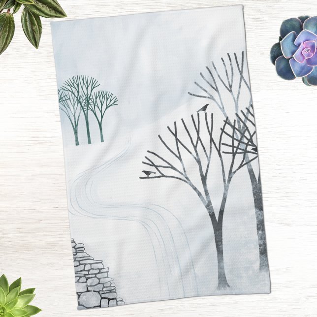 Vinter Snö Landskaps Konst Kökshandduk (Winter landscape art kitchen tea towel)