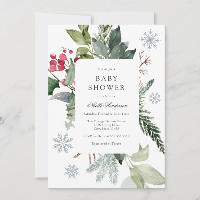 Vinter snö och städsegrön baby shower  inbjudningar (Framsida)