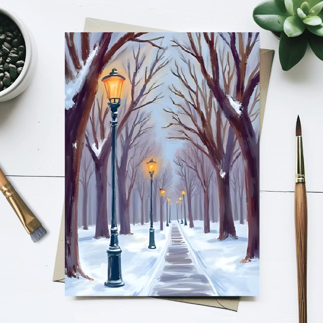 Vinter Snö Park Gatlyktor Stad Akvarell Vykort (Skapare uppladdad)