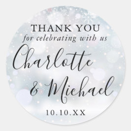 Vinter snö signatur bröllopsgåva tack runt klistermärke
