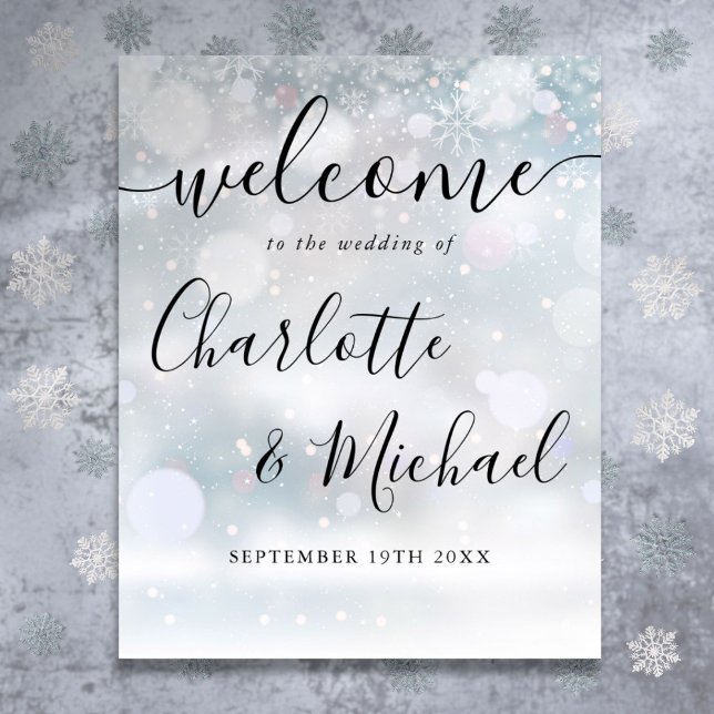 Vinter snö signatur skript vigsel välkomstskylt poster (Winter Snow Signature Script Wedding Welcome Sign)