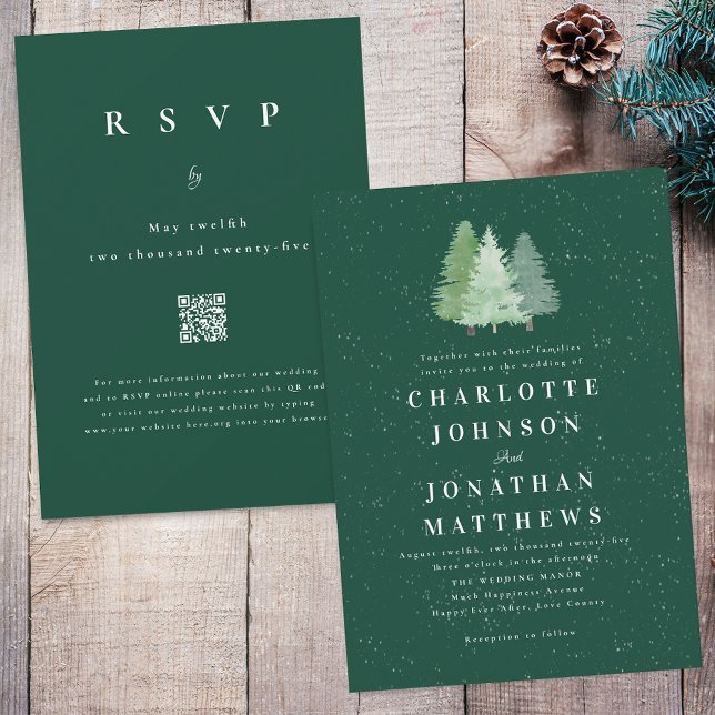 Vinter Snö Skogslandskap Watercolor Bröllop QR-kod Inbjudningar (Modern winter Woodland green wedding qr code invitation watercolor evergreen pine fir  forest trees)