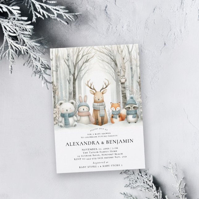 Vinter snö söta skogsdjur Samkönad Baby Shower Inbjudningar (winter baby shower invitations woodland animals wolderland cute enchanted forest characters)