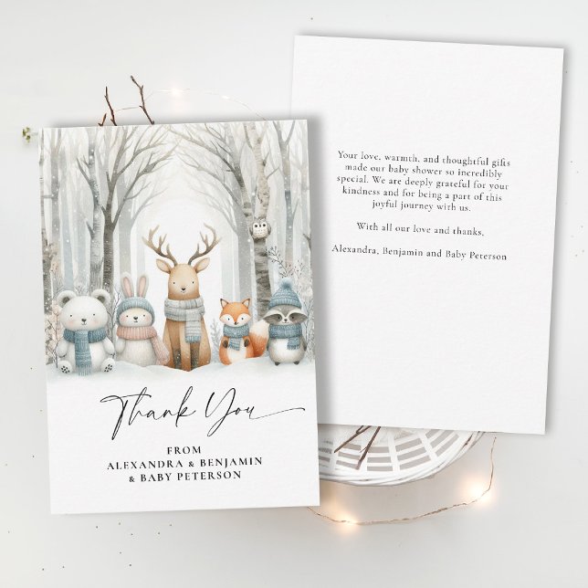 Vinter snö söta skogsdjur Samkönad baby shower Tack Kort (winter baby shower thank you card winter wonderland frozen snow white woodland animals cute)