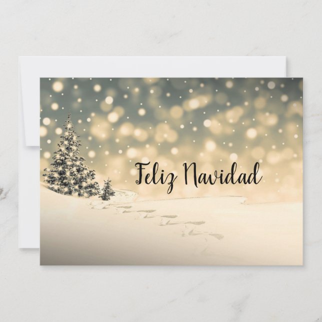 Vinter snö Ständigt grön julkort Feliz Navidad (Framsida)