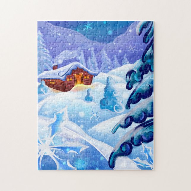 Vinter snö stuga landskaps konst Pussel (Vertikal)