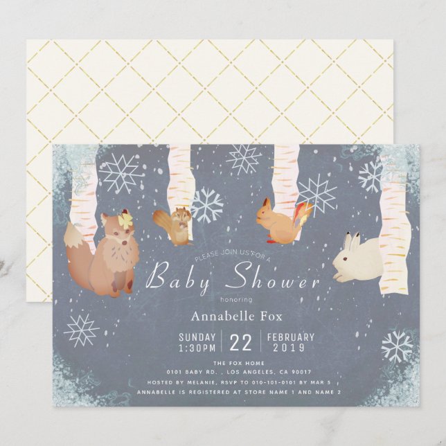 Vinter Snö Woodland Animal Blue Baby Shower Inbjudningar (Fram/baksida)