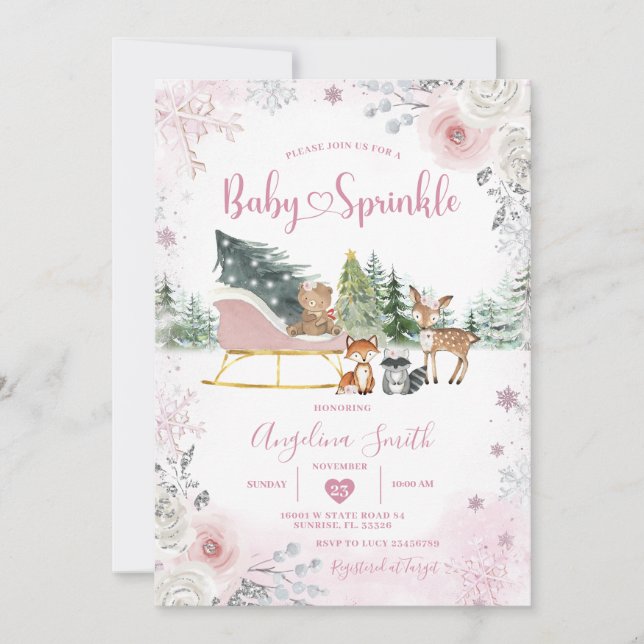 Vinter Snöflinga Pastell Rosa Släd Baby Chokladspr Inbjudningar (Framsida)