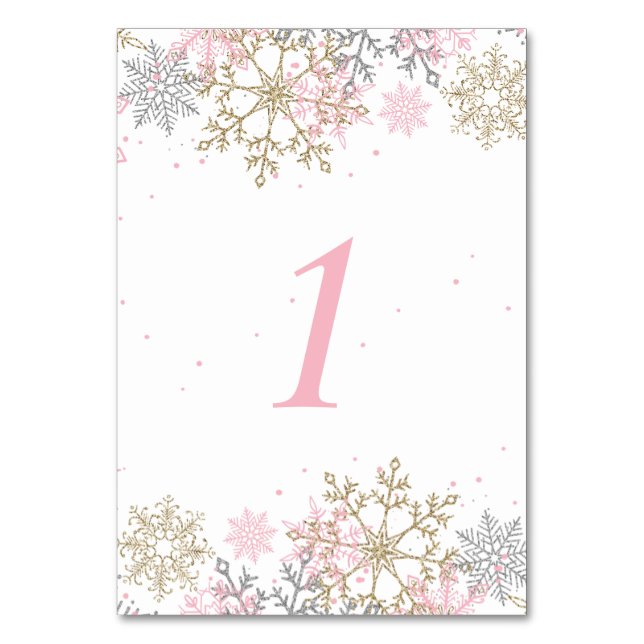 Vinter Snöflinga Rosa och Guld Bebisens Första Dag Bordsnummer (Framsidan)