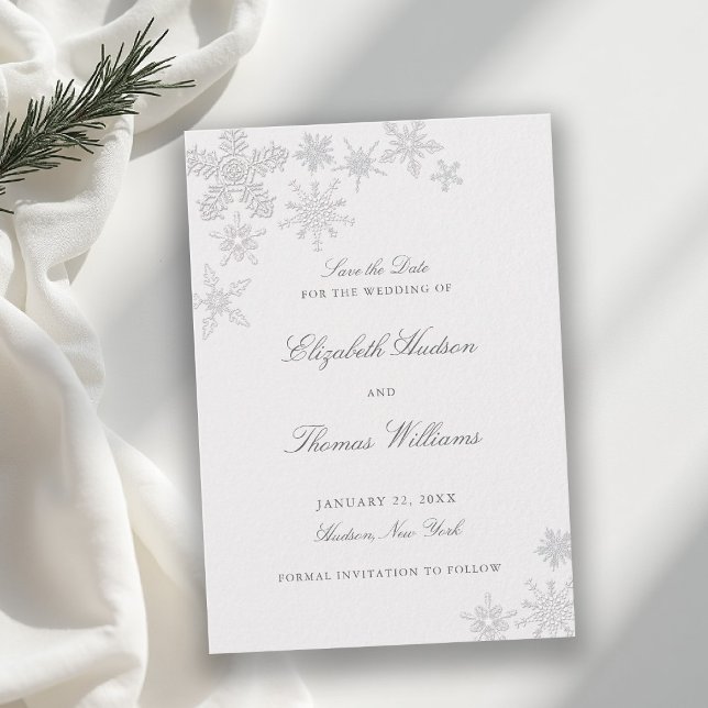 Vinter Snöflinga Sagoland Klassiskt Formellt Bröll Spara Datumet (winter wedding save the date modern classic snowflake snow frost wonderland elegant romantic frame)