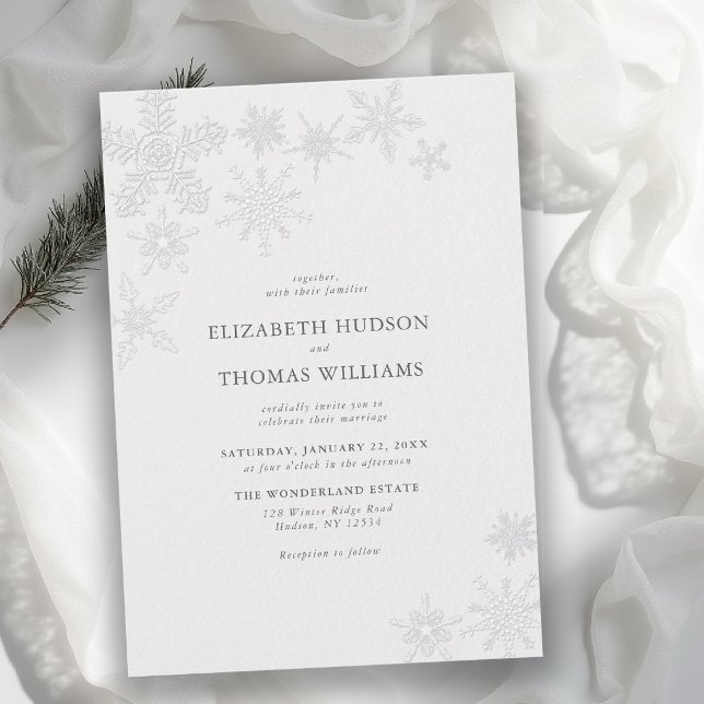 Vinter Snöflinga Sagoland Modern Klassisk Bröllop Inbjudningar (winter wedding invitation modern classic minimalist snowflake snow frost wonderland elegant romantic)