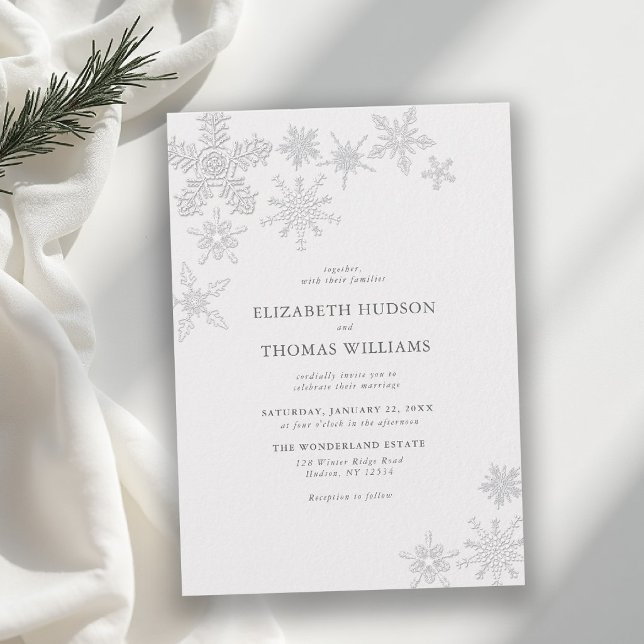 Vinter Snöflinga Sagoland Svart Vitt Bröllop Inbjudningar (winter wedding invitation modern classic snowflake snow frost wonderland elegant romantic )