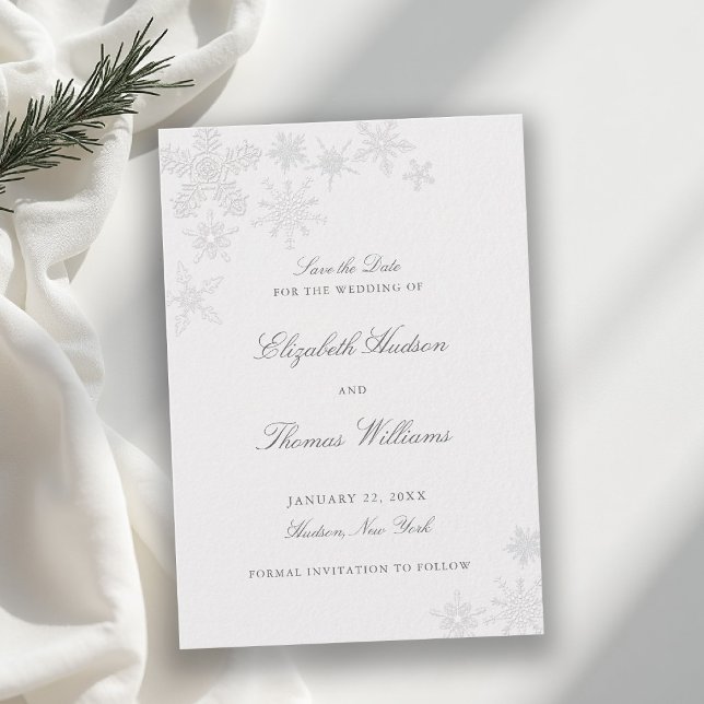 Vinter Snöflinga Sagoland Svart Vitt Bröllop Spara Datumet (winter wedding save the date modern classic snowflake snow frost wonderland elegant romantic  frame)