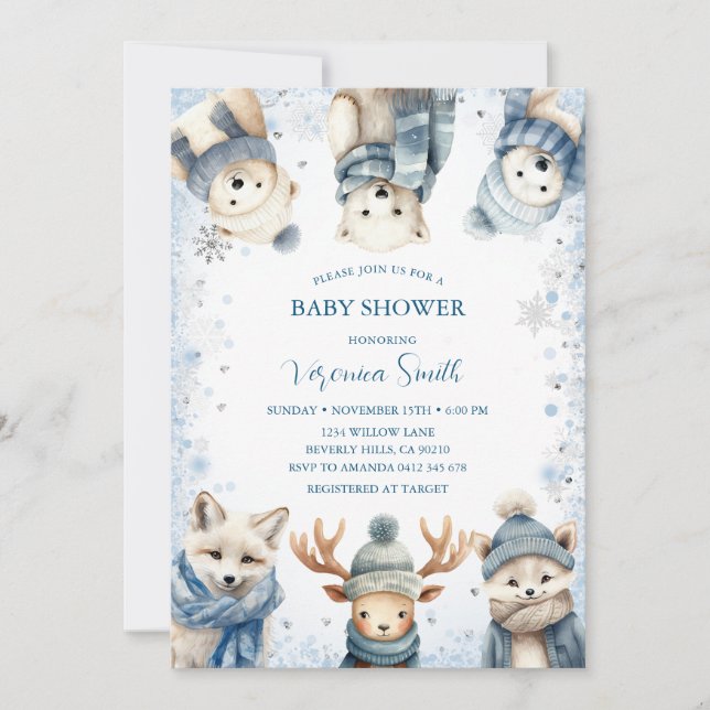 Vinter Snöflinga Skogs Djur Baby Shower Inbjudningar (Framsida)
