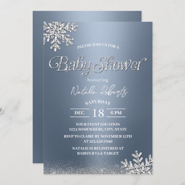 Vinter Snöflingor Baby Shower Modern Dusty Blue Inbjudningar (Fram/baksida)