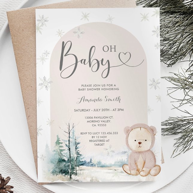 Vinter Snöflingor Bear Evergreen Träd Baby Shower Inbjudningar (Skapare uppladdad)