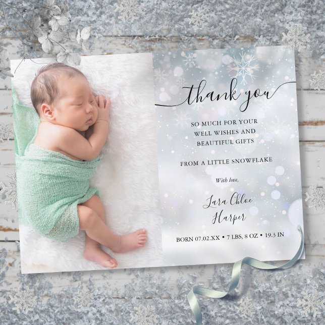 Vinter snöflingor Bebis Foto Tack Födelse Meddelande Vykort (Winter Snowflakes Baby Photo Thank You Birth Announcement Postcard)