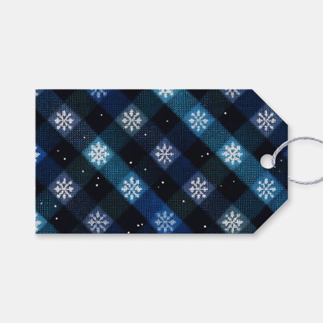 Vinter Snöflingor Blå Rutig Högtid  Presentetikett (Framsidan (Horisontell))