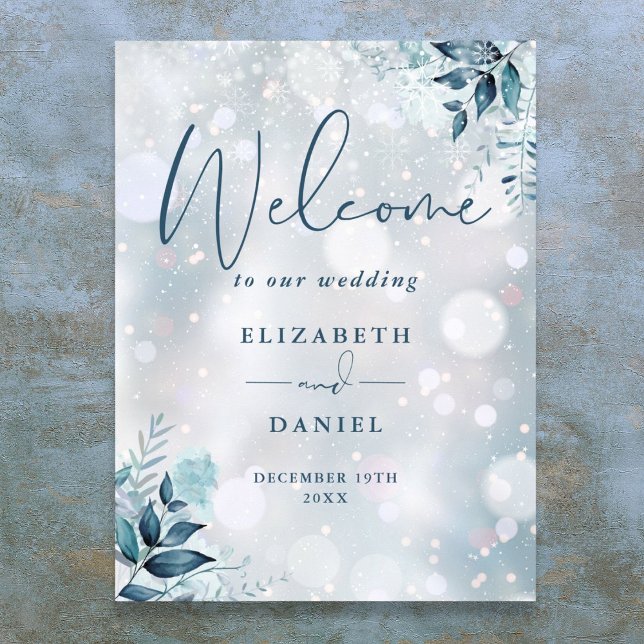 Vinter Snöflingor Blommig Bröllop Välkomstskylt Poster (Winter Snowflakes Floral Wedding Welcome Sign)