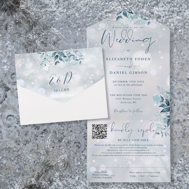 Vinter Snöflingor Blommig QR-kod Bröllop (Winter Snowflakes Floral QR Code Wedding All In One Invitation)