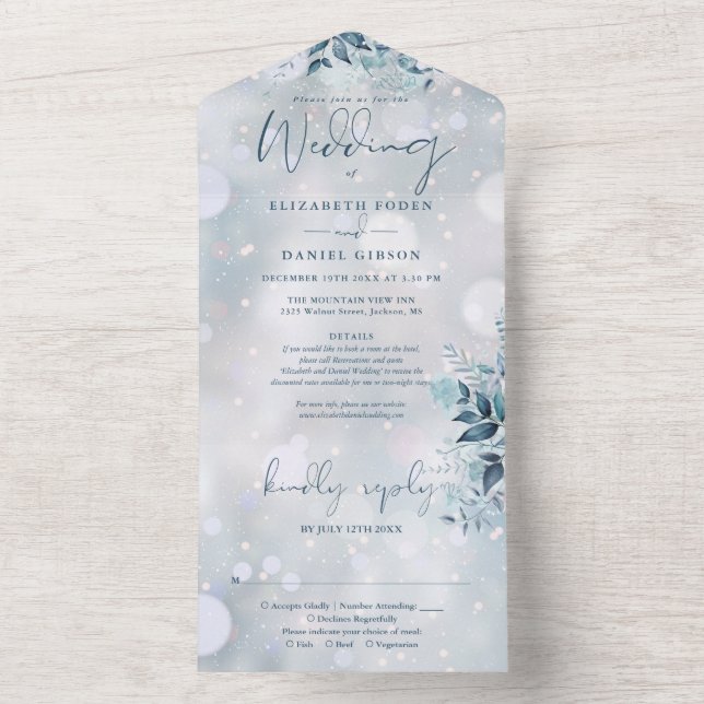 Vinter Snöflingor Blommiga Detaljer RSVP Bröllop (Insida)