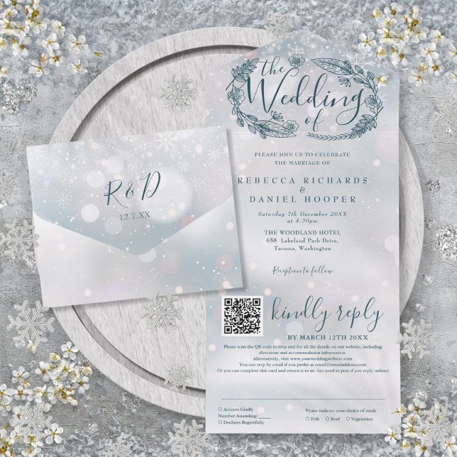Vinter Snöflingor Boho Blommig QR-kod Bröllop (Winter Snowflakes Boho Floral QR Code Wedding All In One Invitation)