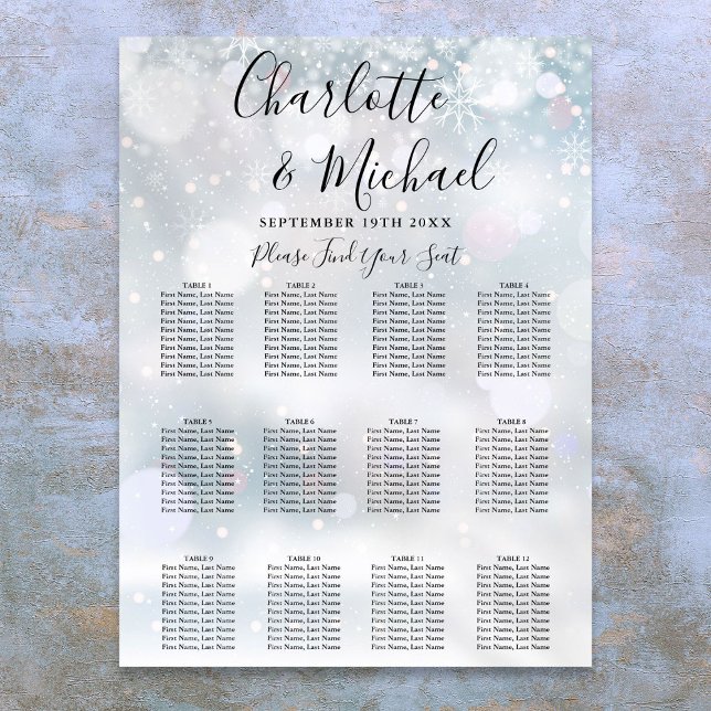 Vinter Snöflingor Bröllopsplatskarta Poster (Winter Snowflakes Wedding Seating Chart)