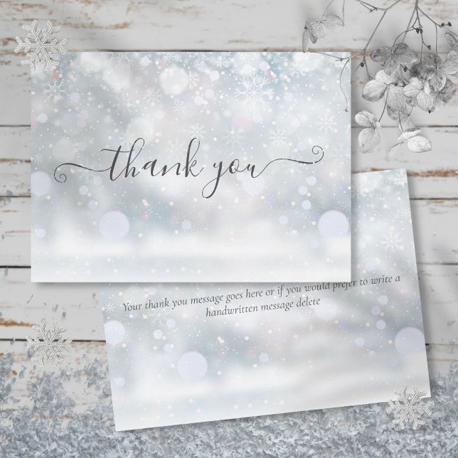 Vinter snöflingor Elegant Skrift Tack Kort (Winter Snowflakes Elegant Script Thank You Card)