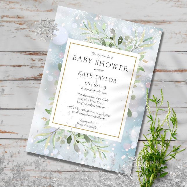 Vinter Snöflingor Greenery Baby Shower | Sprinkle Inbjudningar (Skapare uppladdad)