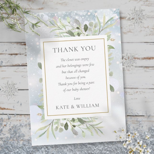 Vinter Snöflingor Grönska Bebis Dusj Dikt Tack Kort (Winter Snowflakes Greenery Baby Shower Poem Thank You Card)