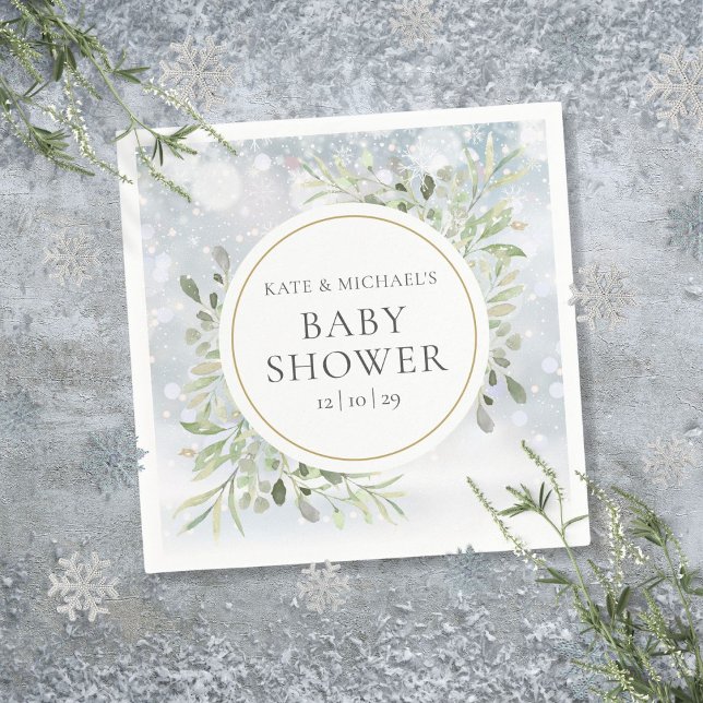 Vinter Snöflingor Grönska Bebis Shower Pappersservett (Winter Snowflakes Greenery Baby Shower Napkins)