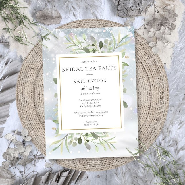 Vinter Snöflingor Grönska Bröllopstea Party Inbjudningar (Winter Snowflakes Greenery Bridal Tea Party Invitation)