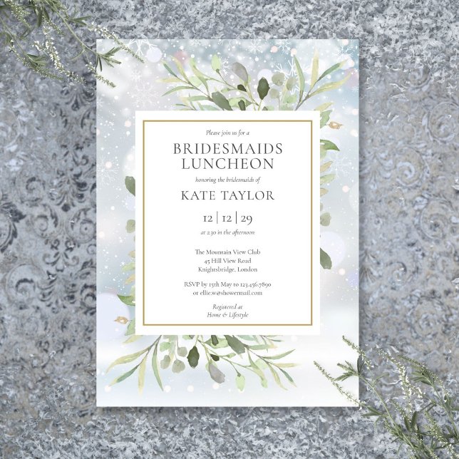 Vinter Snöflingor Grönska Brudtärna Lunch Inbjudningar (Winter Snowflakes Greenery Bridesmaids Luncheon Invitation)