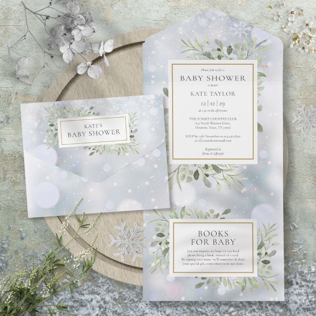 Vinter Snöflingor Grönska Löv Babyfirande (Winter Snowflakes Greenery Foliage Baby Shower All In One Invitation)