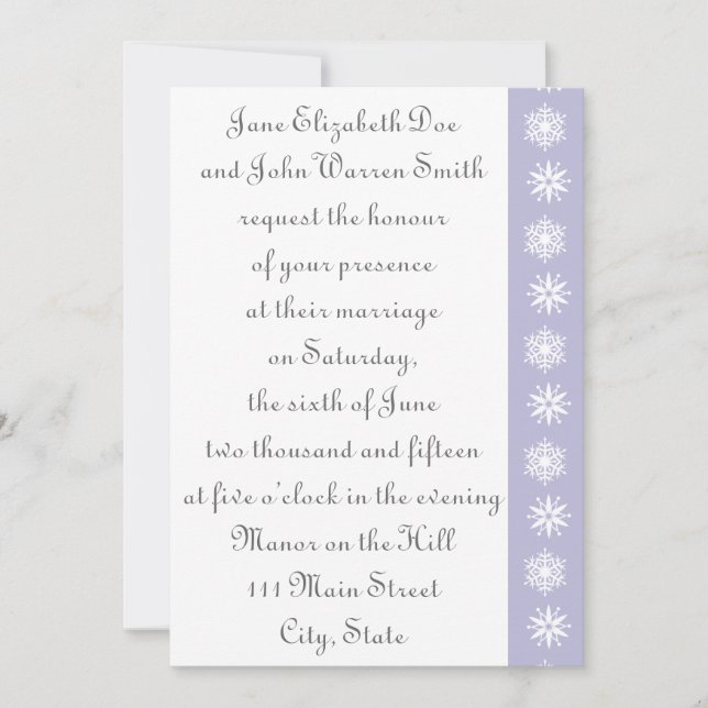 Vinter Snöflingor i inbjudan till Lavender Wedding (Framsida)