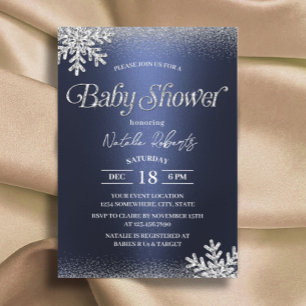 Vinter Snöflingor Modern Navy Blue Baby Shower Inbjudningar